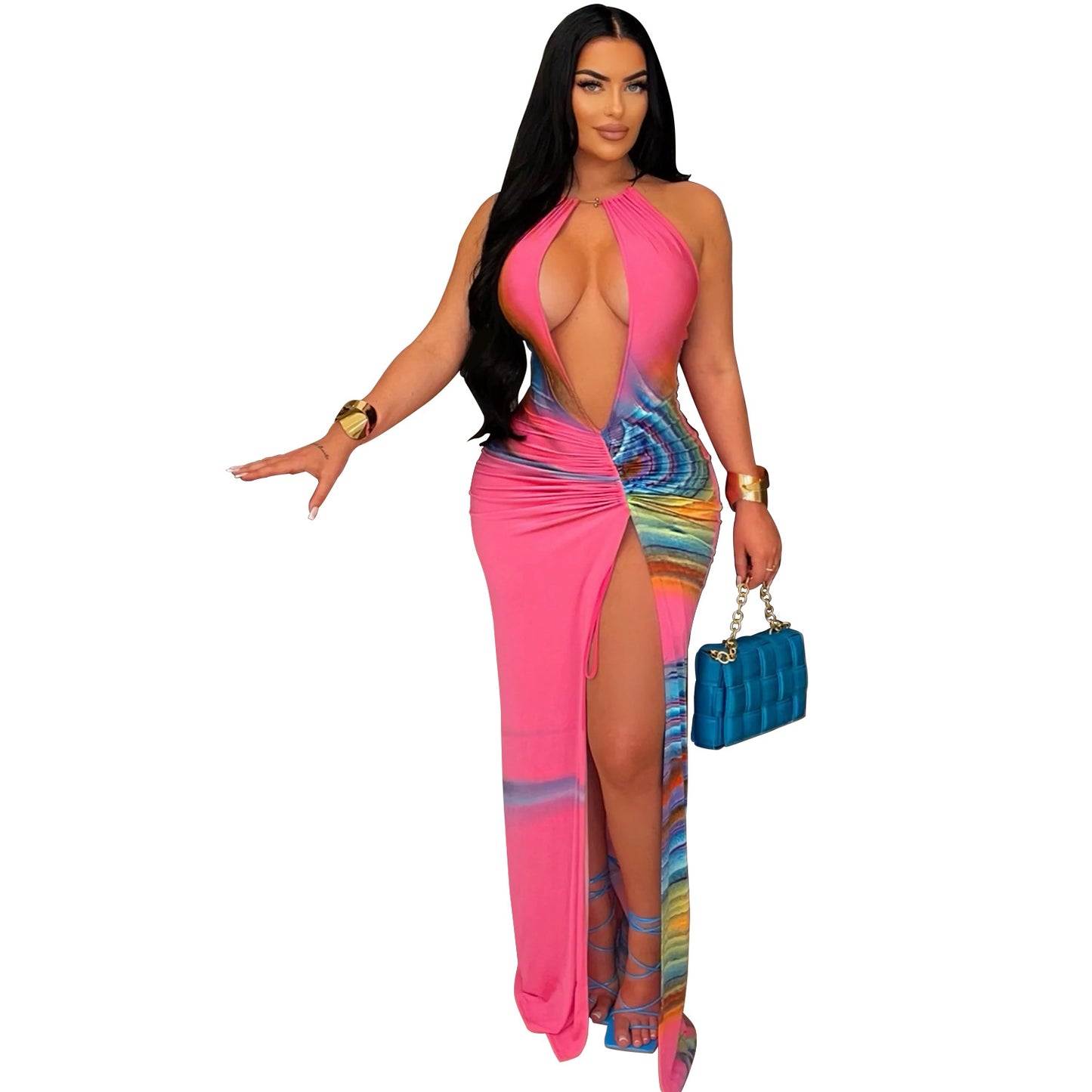 Dame Eksklusiv Cut-Out Maxikjole med dyb U-udskæring og sidefold Stilla