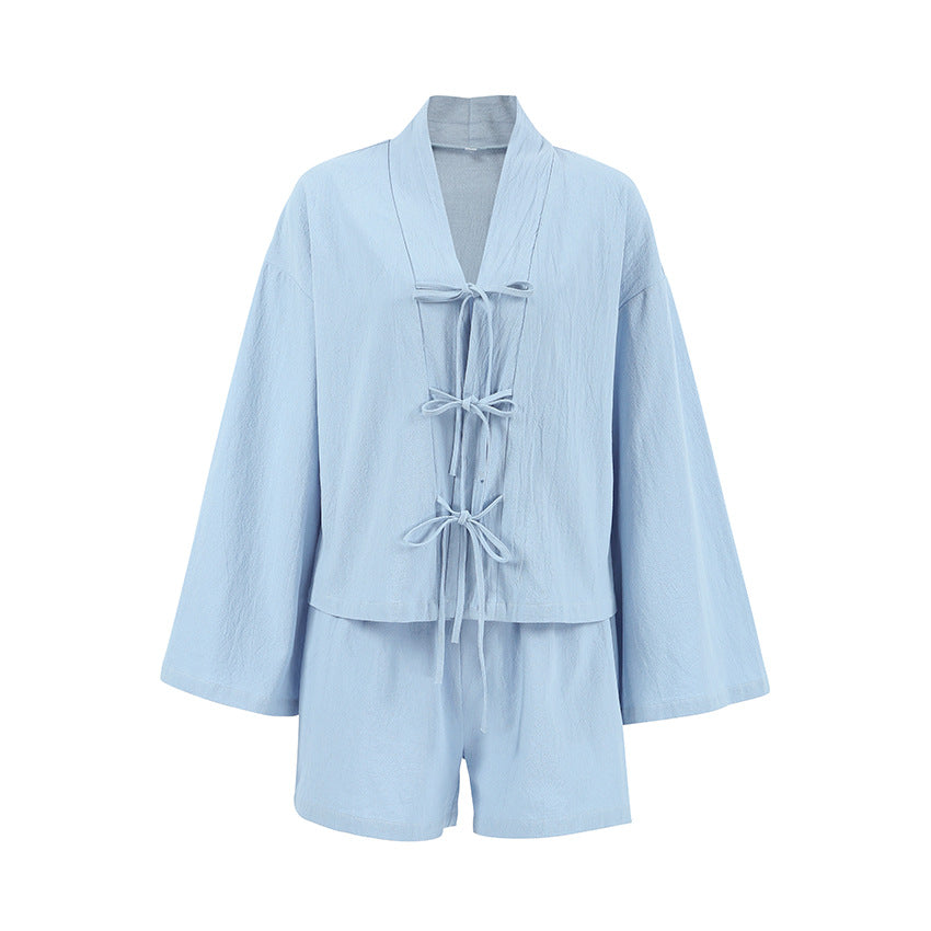 Dame afslappet kortærmet sweater og shorts sæt med snoretræk og moderne design Stilla