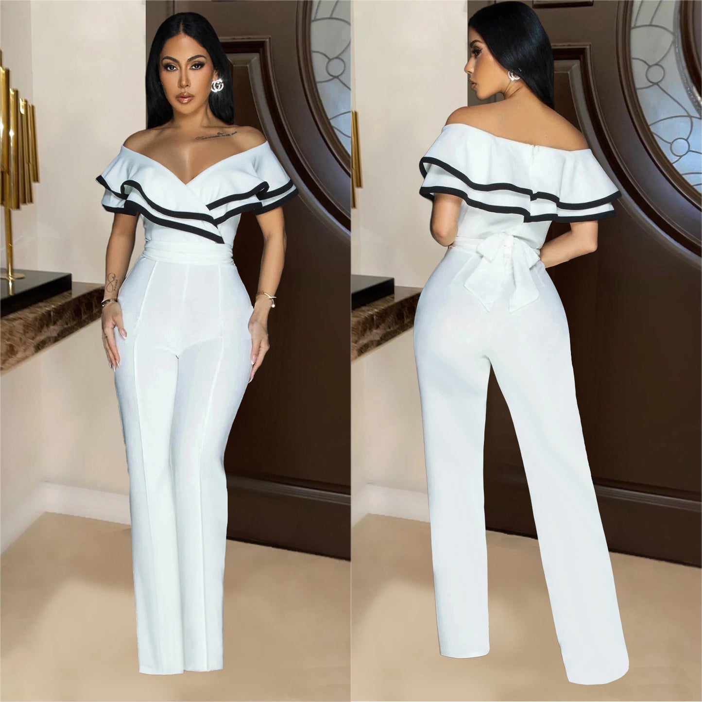 Dame Elegant Off-Shoulder Jumpsuit med ruffles detaljer og tætsiddende snit Stilla