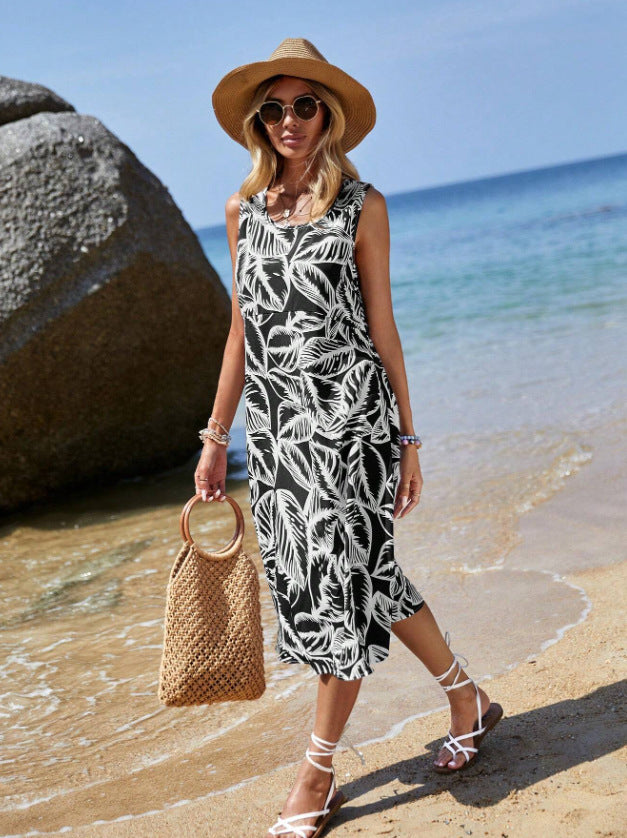 Dame afslappet strandkjole med blomsterdesign og sidelommer Stilla