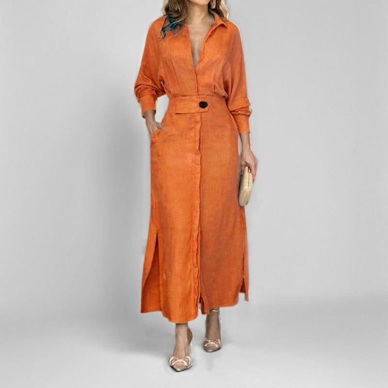 Dame afslappet maxikjole med dyb v-hals og elegant bælte Stilla