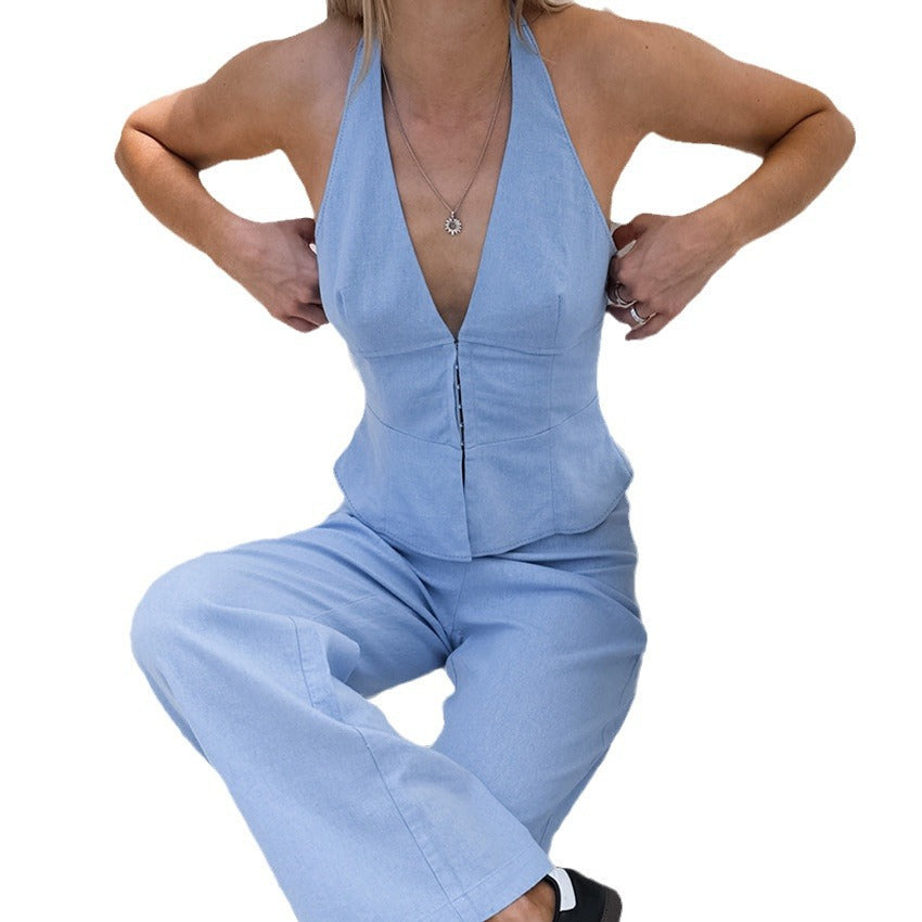 Dame elegant halterneck bluse med V-udskæring og struktureret design Stilla