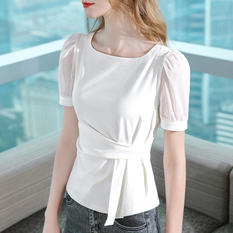 Dame elegant indpakningsoberl med puffærmer og sart bindebælte Stilla