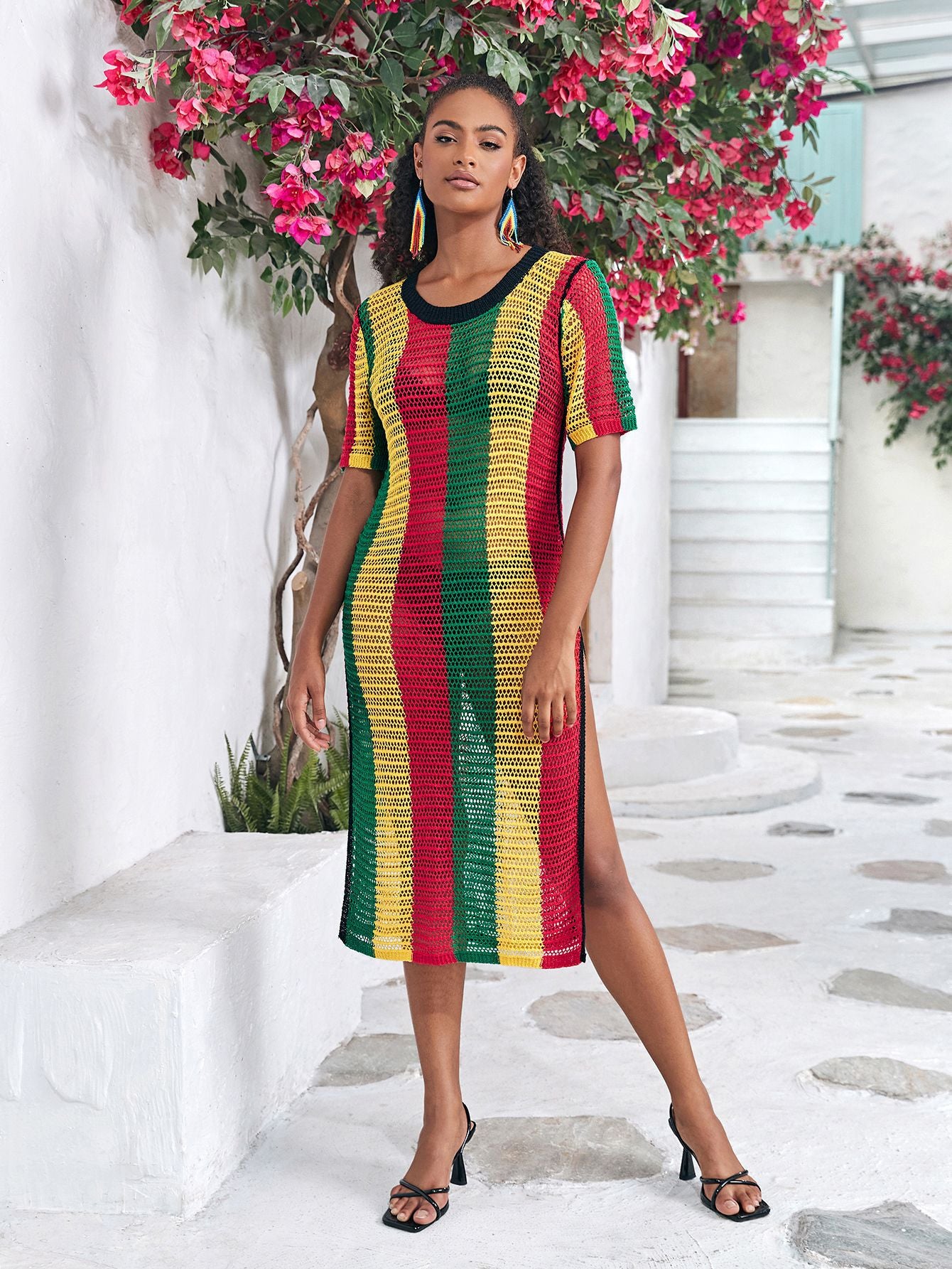 Dame Åben Strikkjole med farverigt Stribet Mønster Stilla