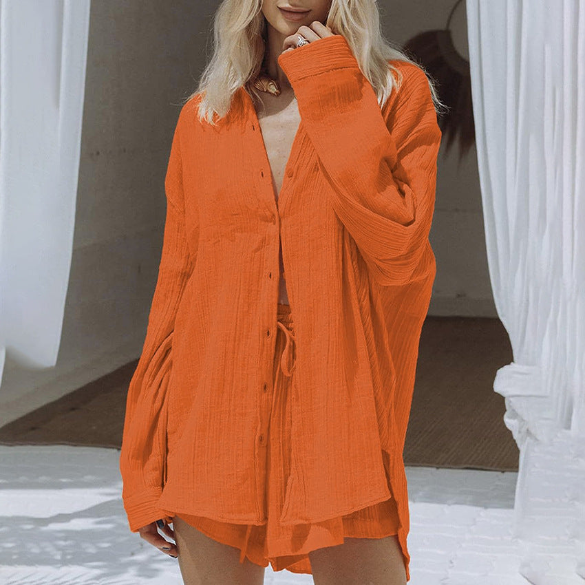 Dame afslappet kortærmet skjorte og shorts sæt i let stof Stilla