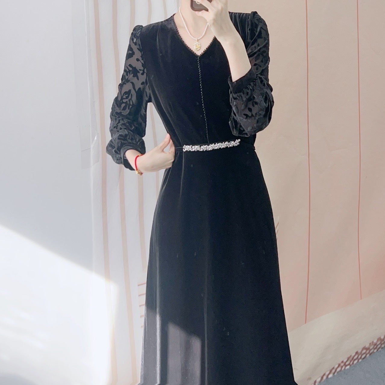 Dame A-linje Samt kjole med elegante puffærmer og dekoration Stilla