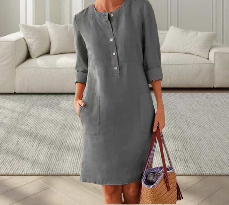 Dame afslappet linnedragt med knaplukning og praktiske lommer Stilla