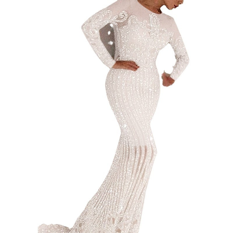 Dame elegant gulvlange aftenkjole med glitter og spidsedetaljer Stilla