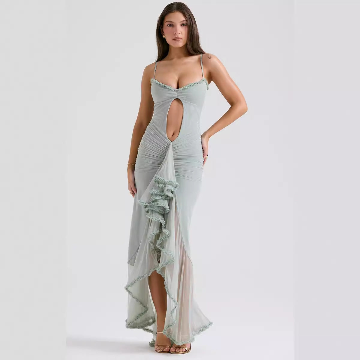 Dame Eksklusiv Maxikjole med raffinerede flæsedetaljer og dyb slids Stilla