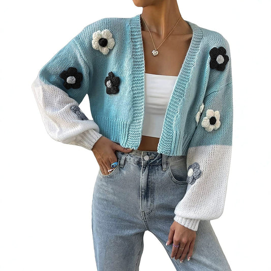Dame trendy strikcardigan med blomsterapplikationer og løstsiddende pasform Stilla