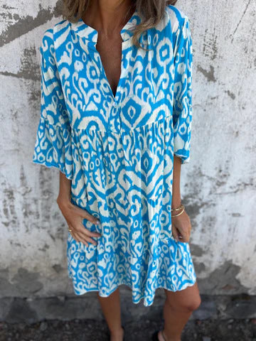 Dame afslappet bomulds kjole med V-udskæring og voluminøse ærmer Stilla