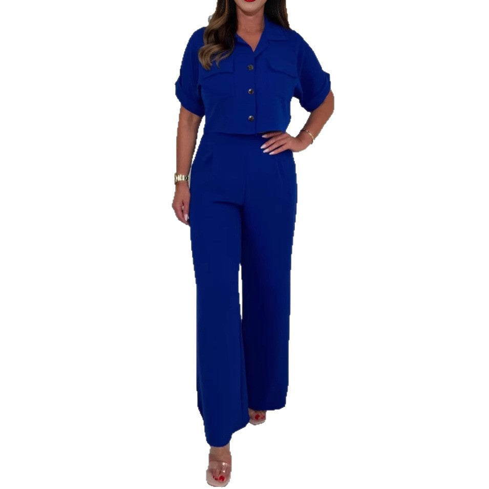 Dame Lagdelt Jumpsuit med Kortærmer og Dekorative Knapper Stilla