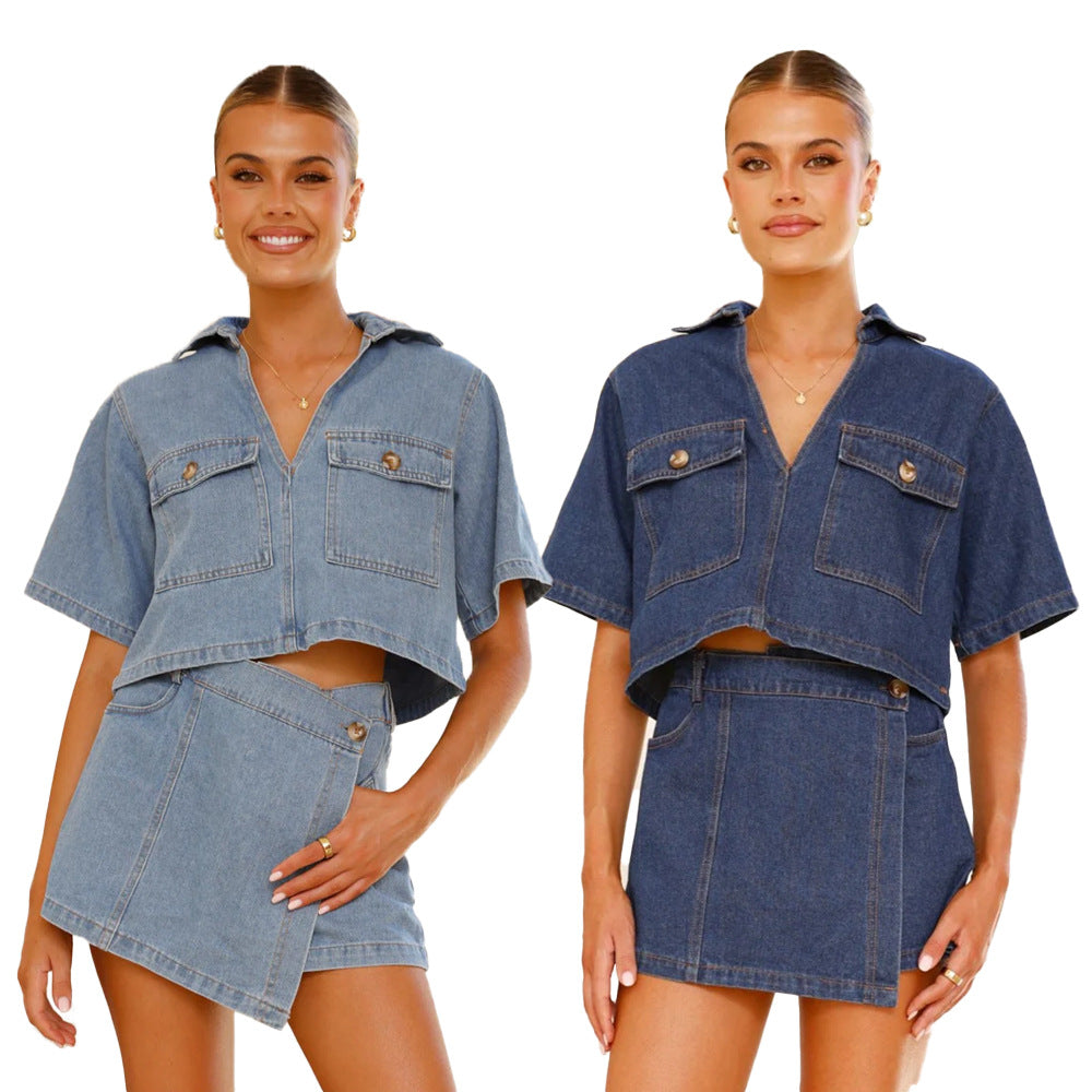 Dame Crop-Top og Mini nederdel sæt i denim-look Stilla