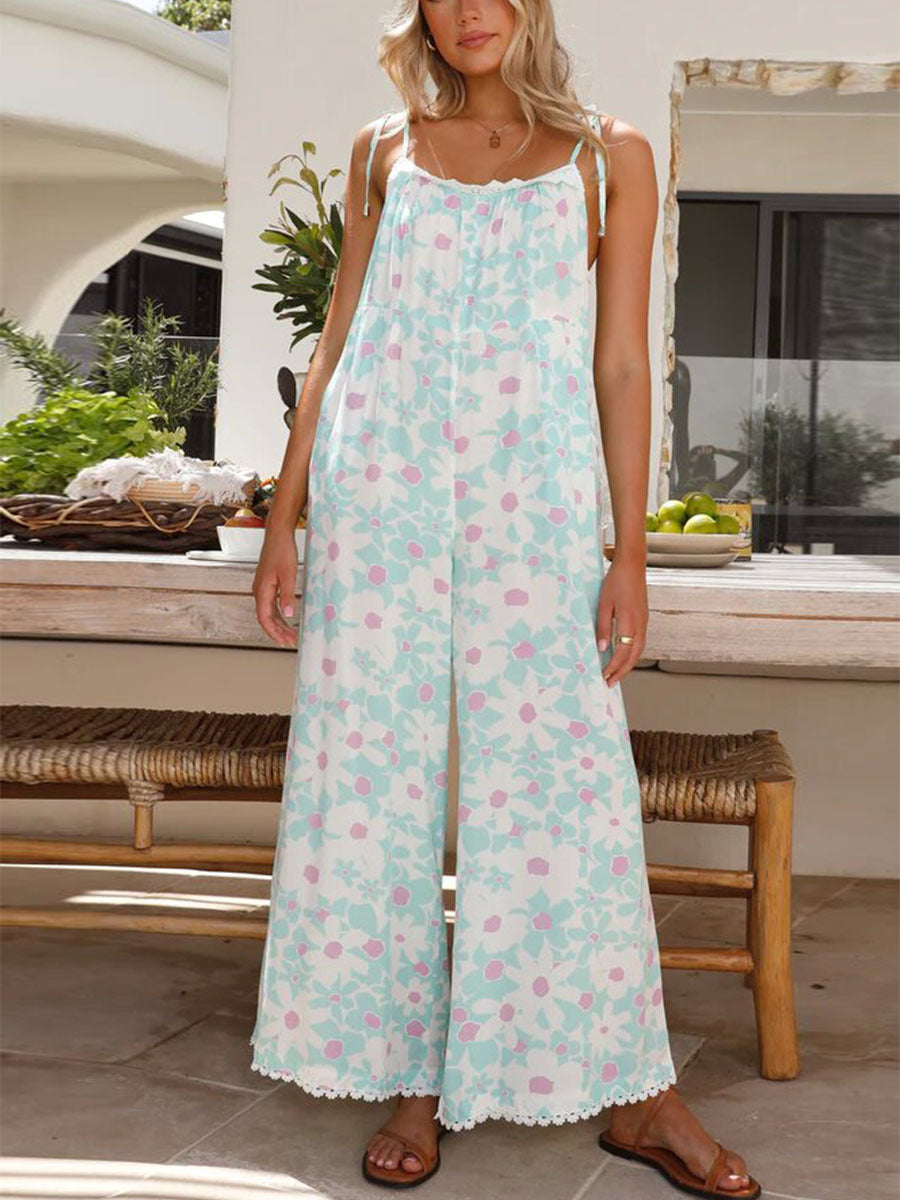 Dame luftig jumpsuit med blomstermønster og justerbare spaghetti-stropper Stilla