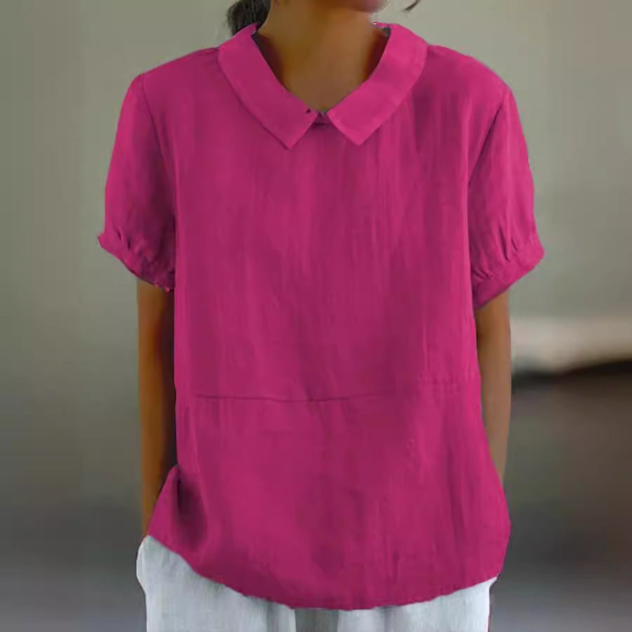 Dame afslappet hørbluse med klassisk krave og halvlange ærmer Stilla