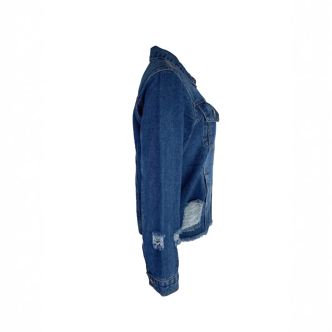 Dame Denimjakke med afslappet snit og flosset kant Stilla