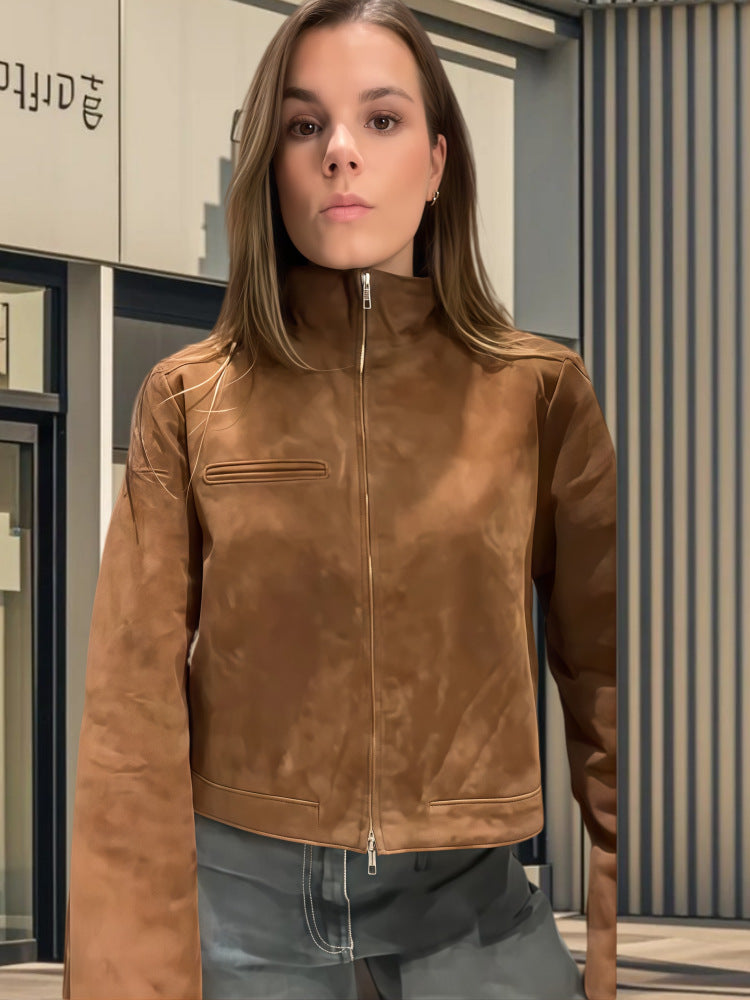 Dame cropped læderjakke med høj krave og innovativ lynlås Stilla