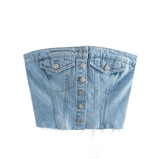 Dame cropped Jeans-bluse i klassisk Denim-stil Stilla