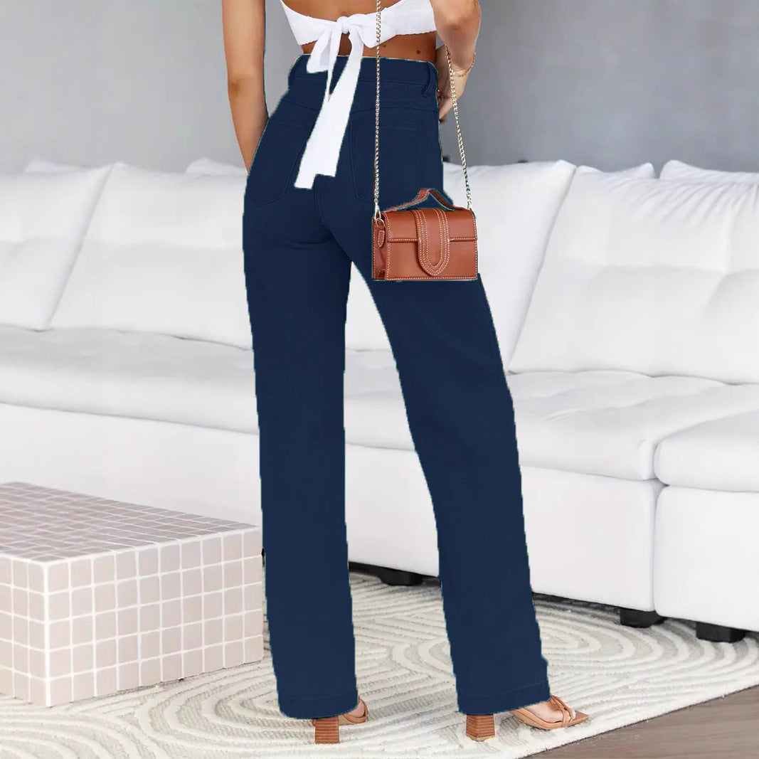 Dame afslappede højtaljede jeans med vidde ben og dekorativ knapåbning Stilla