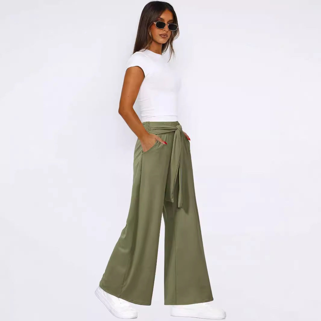 Dame elegant højtaljede bukser med bindebælte og bredt ben Stilla