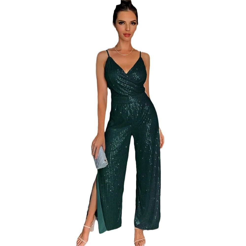 Dame Glamourøs Jumpsuit med glitrende pailletter og dyb slids Stilla