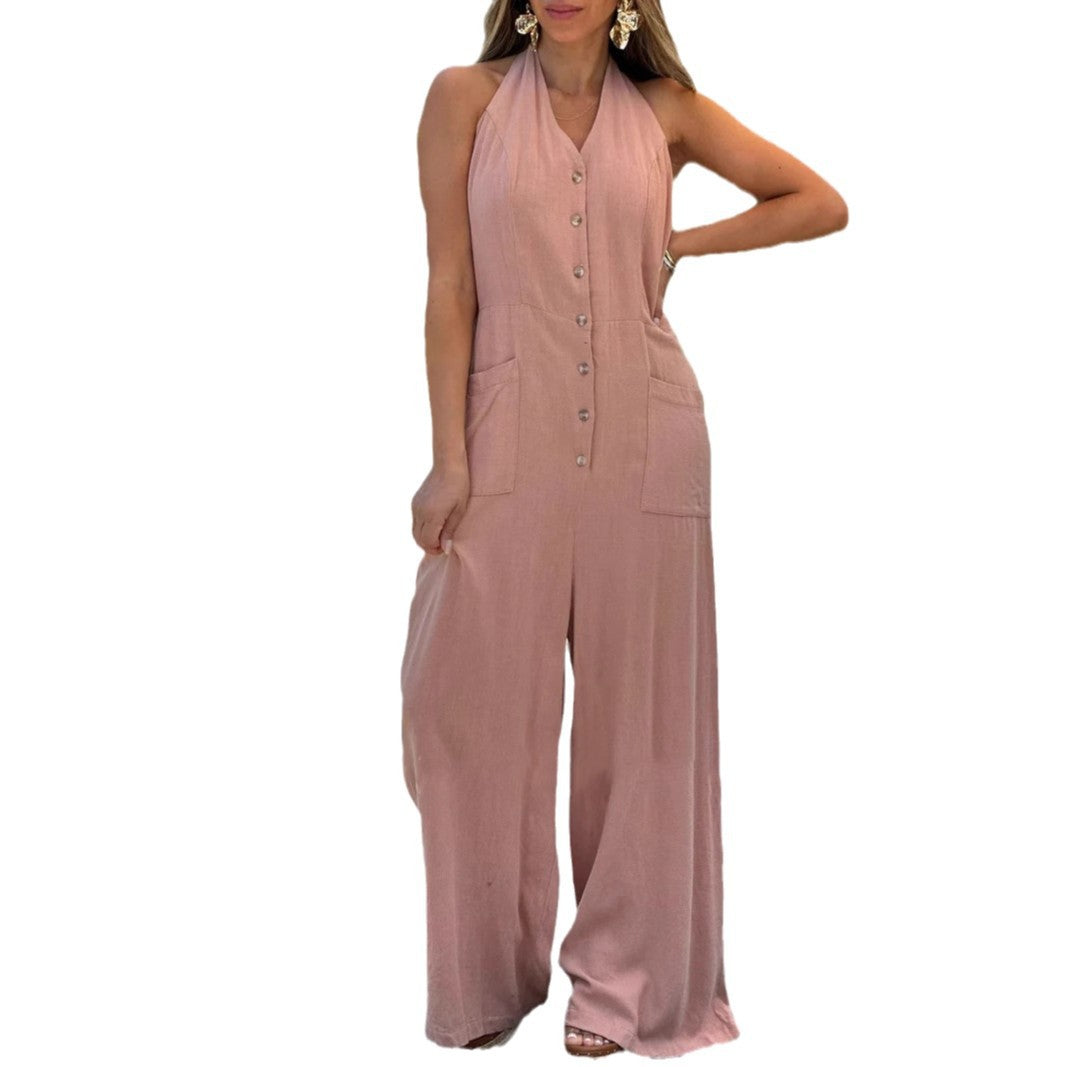 Dame Halter- jumpsuit med praktiske lommer og knaplukning Stilla