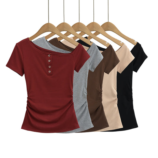 Dame afslappet kortærmet skjorte med asymmetrisk udskæring og knapliste Stilla