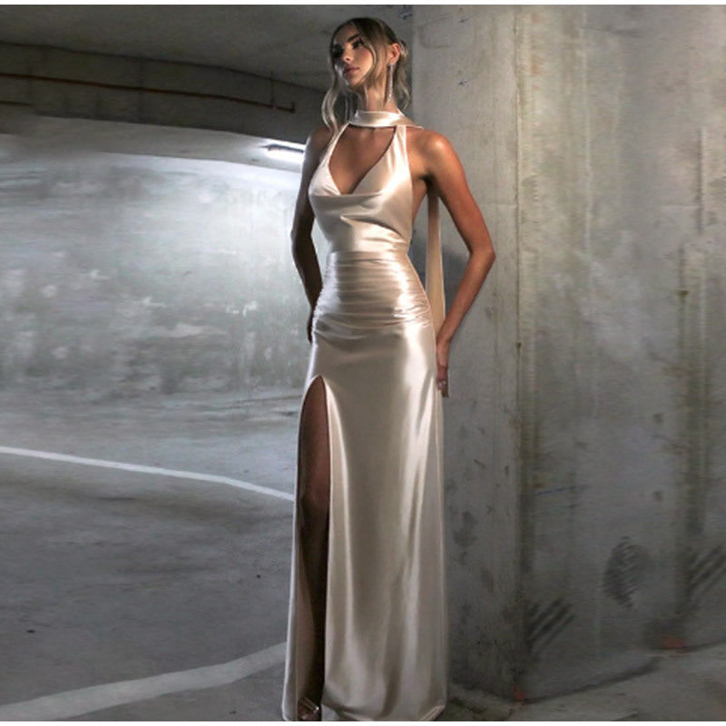 Dame Elegant Aften kjole med høj lukket design og raffineret slit Stilla