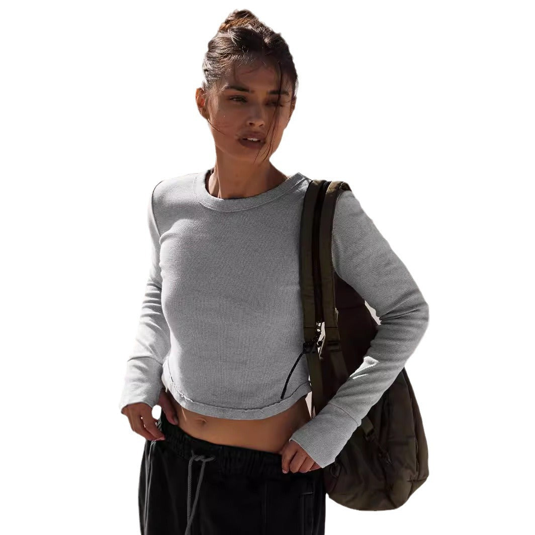 Dame Cropped Langærmet skjorte med høj kvalitet ribstruktur og udvidede ærmeender Stilla