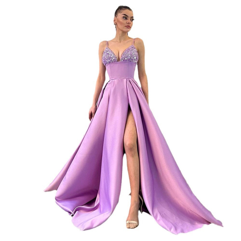 Dame Elegant aftenkjole med skinnende overdel og højt slids Stilla