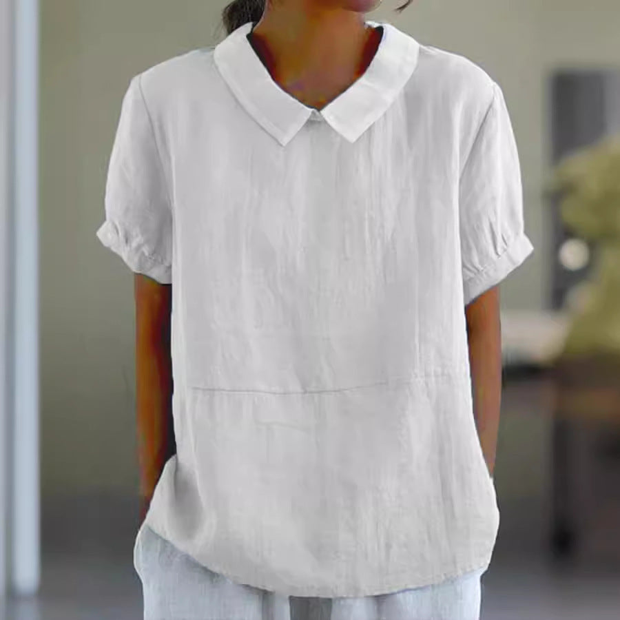 Dame afslappet hørbluse med klassisk krave og halvlange ærmer Stilla