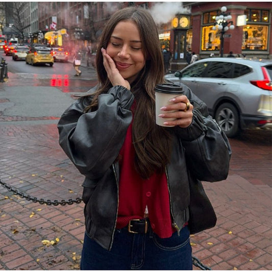 Dame afslappet kunstlæderjakke med voluminøse ærmer Stilla