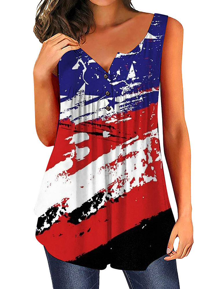 Dame afslappet bluse med knapliste og flagmotiv Stilla