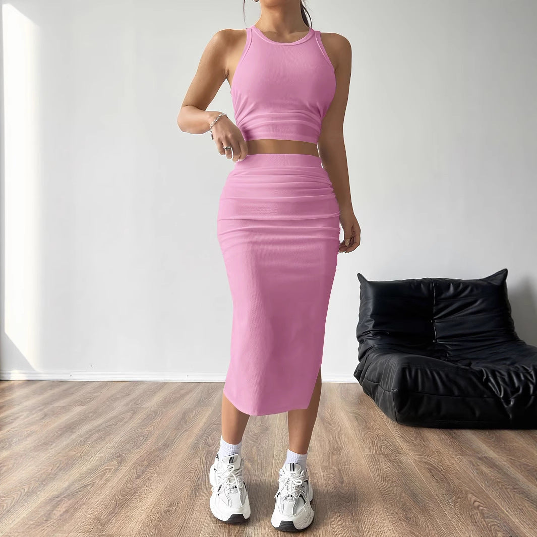 Dame Crop-Top og Nederdel Sæt med Sideslitz og Ribstruktur Stilla