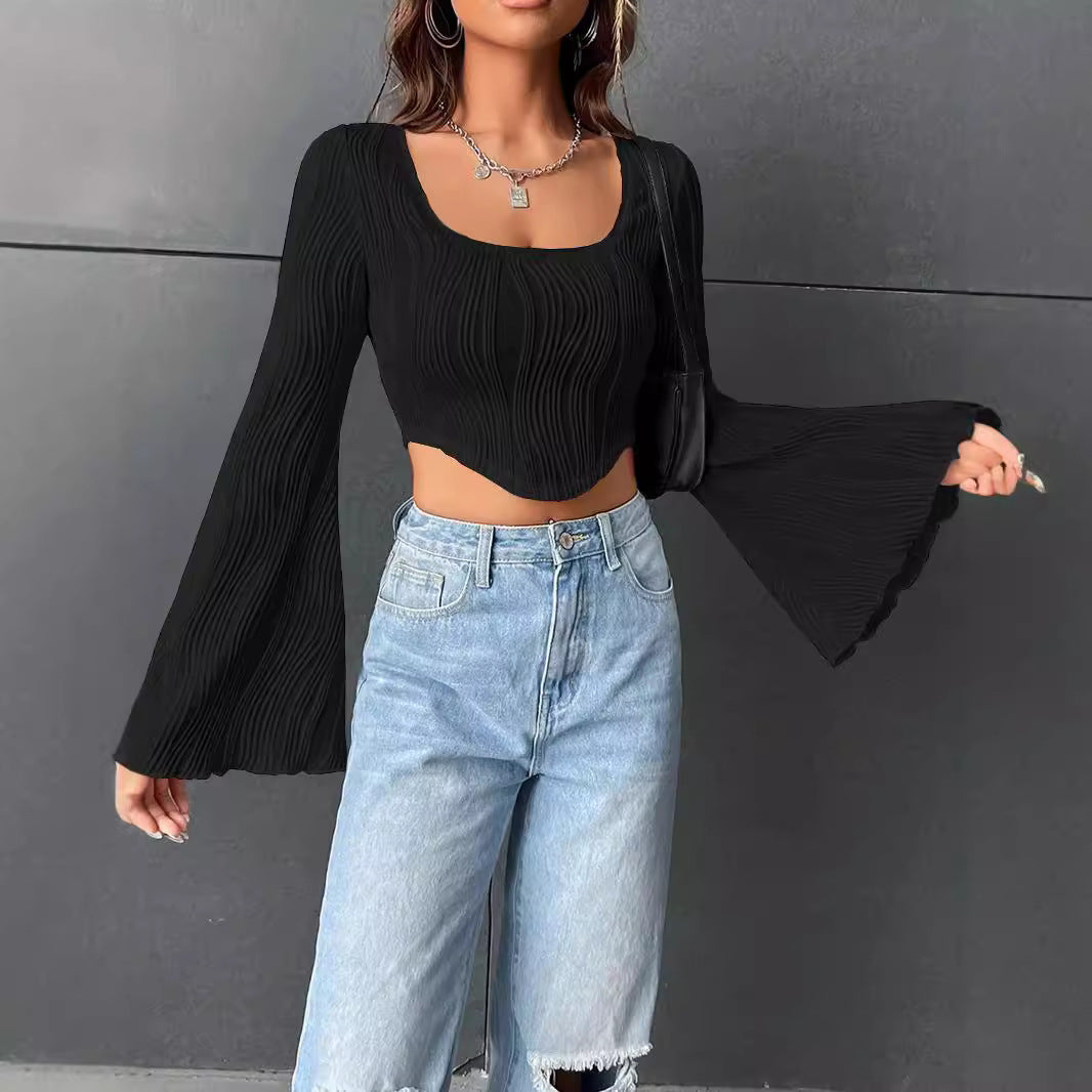 Dame Cropped Top med Volantærmer og Ribbstruktur Stilla