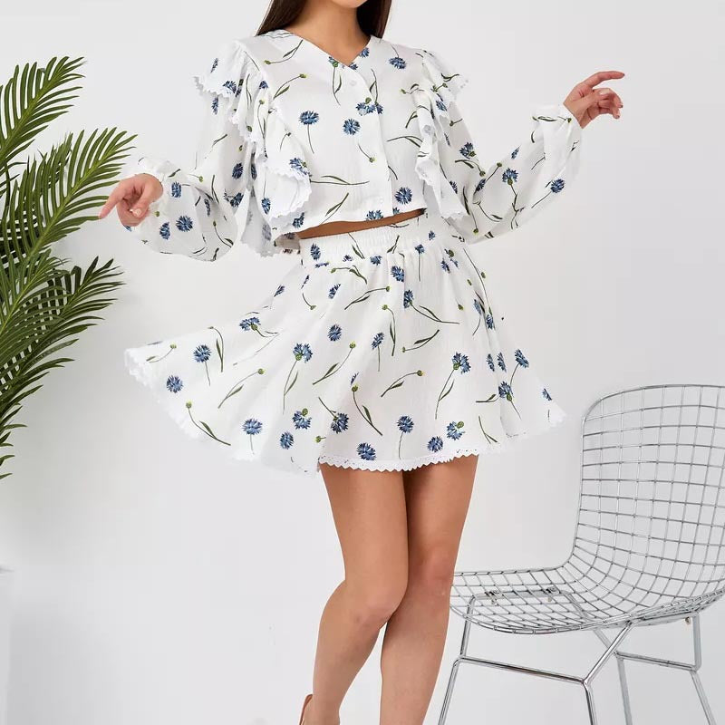 Dame Crop-Top og Nederdel Sæt med Rynkedetaljer og Blomster Mønstre Stilla