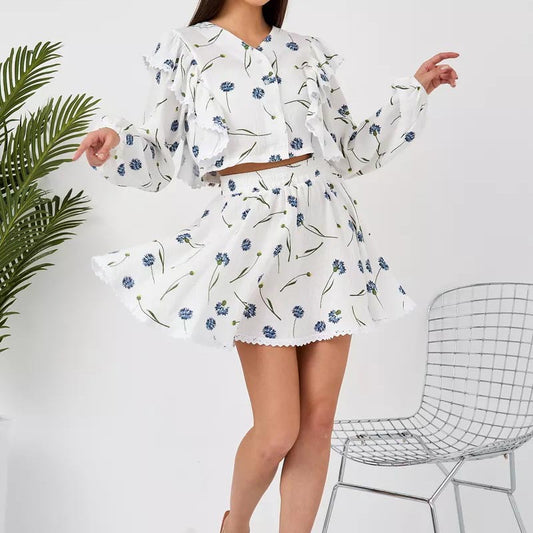Dame Crop-Top og Nederdel Sæt med Rynkedetaljer og Blomster Mønstre Stilla