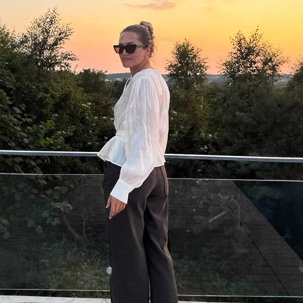 Dame elegant bluse med voluminøse ærmer og til at binde Stilla