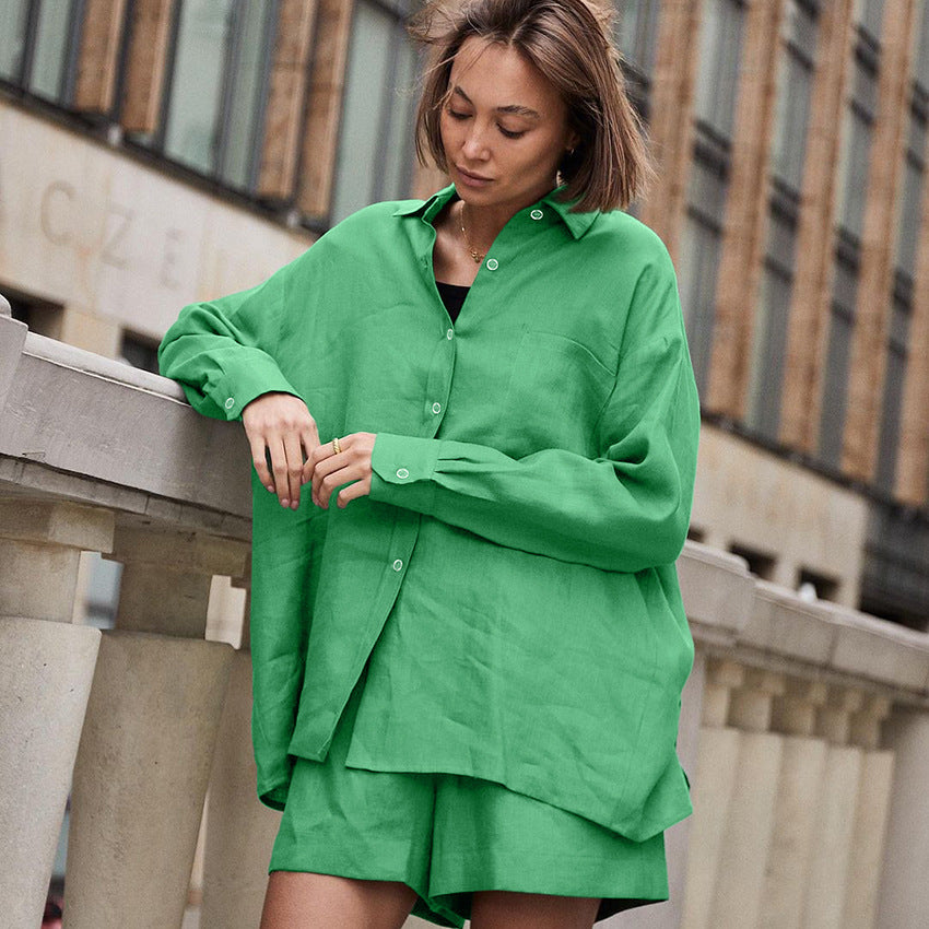 Dame afslappet linned skjorte og shorts sæt med løs pasform Stilla