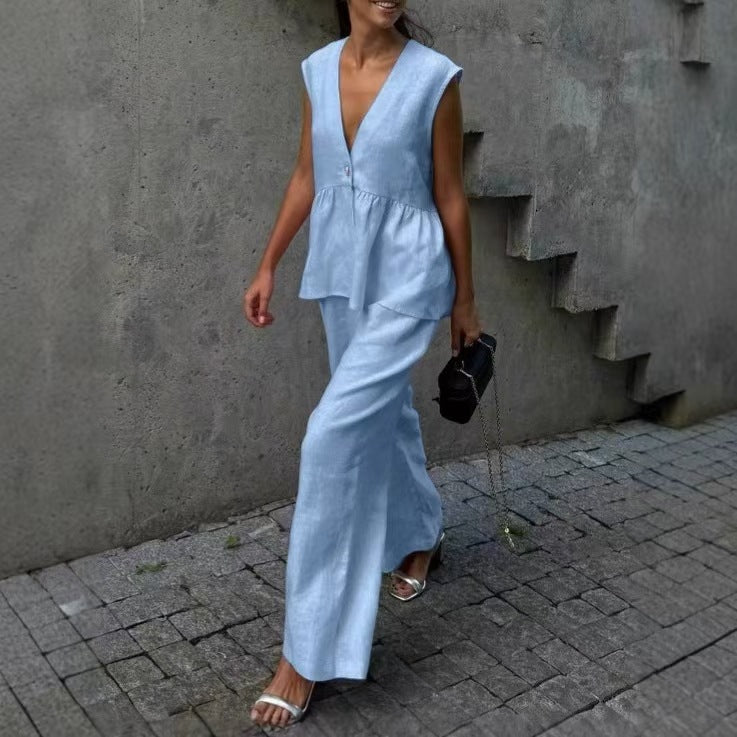 Dame afslappet linned sæt med ærmeløs overdel og bred bukseklip Stiila