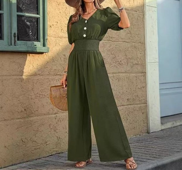 Dame jumpsuit med elastisk talje og knapdetalje Stilla
