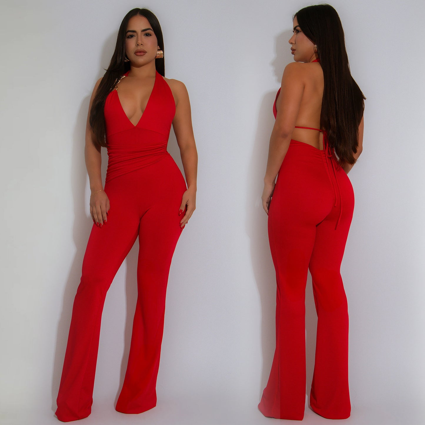 Dame Elegant Flydende Jumpsuit med dyb V-udskæring og tætsiddende silhuet Stilla
