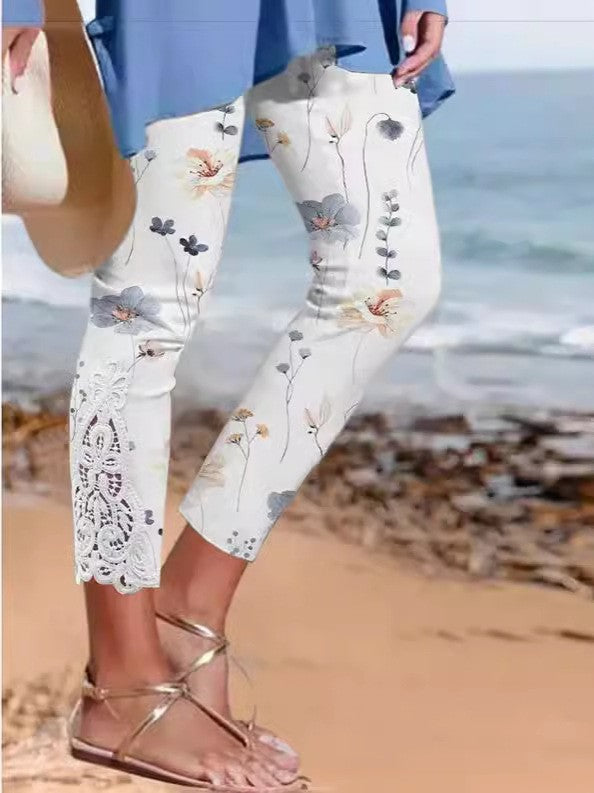 Damer blomster mønster leggings med spids kant Stilla