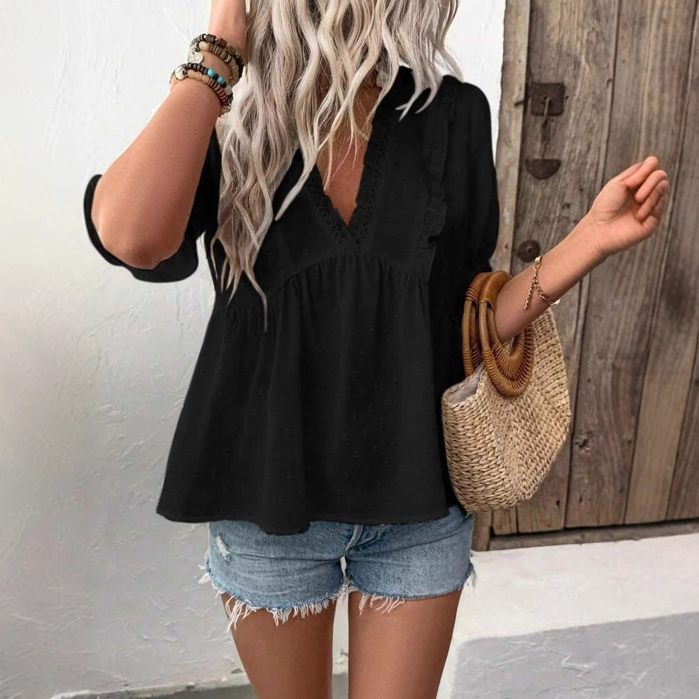 Dame elegant bluse med flæse detaljer Stilla