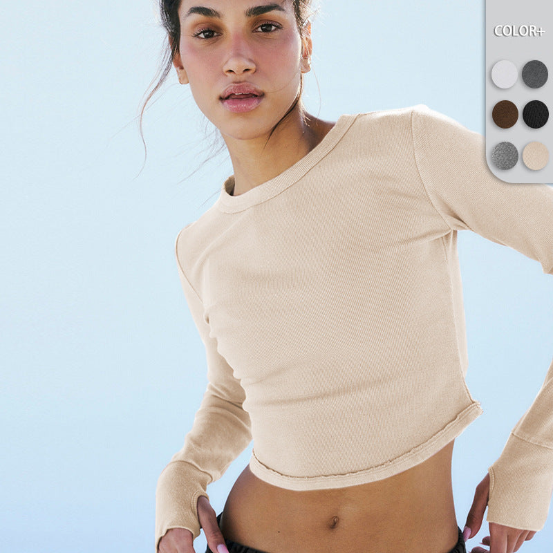 Dame Cropped Langærmet skjorte med høj kvalitet ribstruktur og udvidede ærmeender Stilla