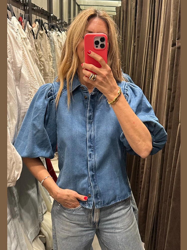 Dame Denim-bluse med voluminøse puffærmer Stilla