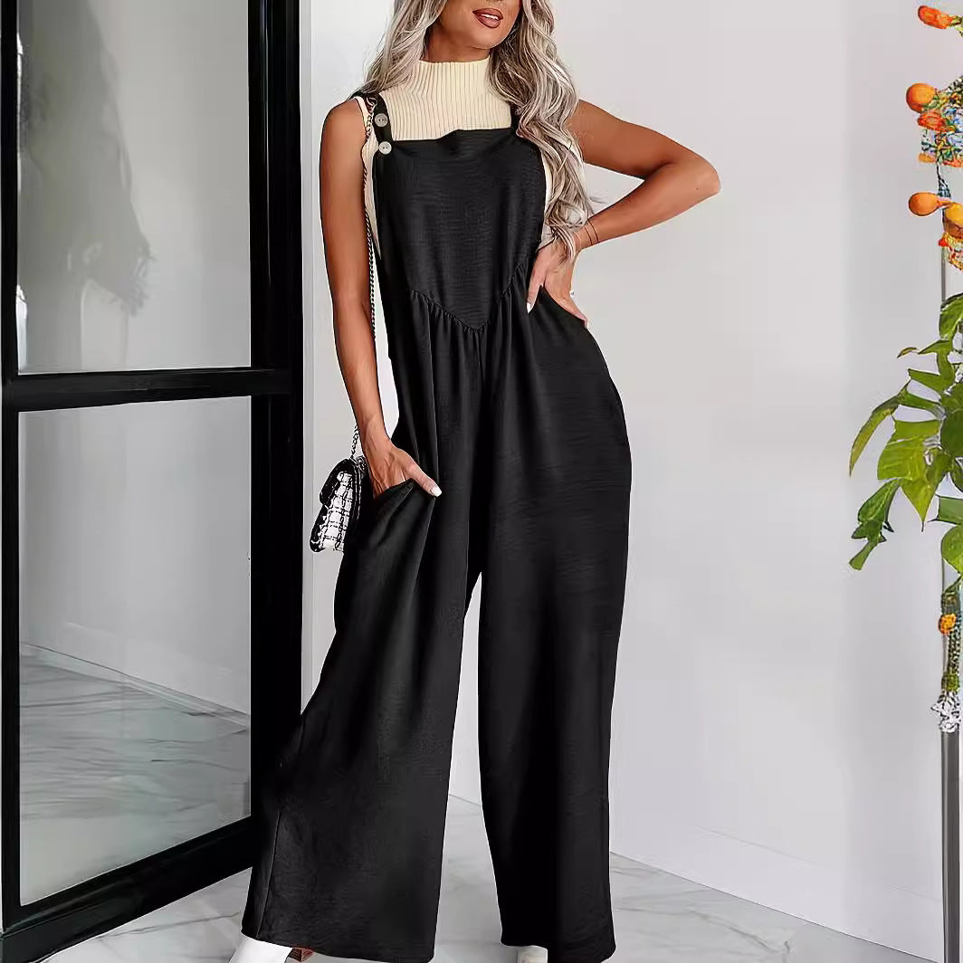 Dame casual jumpsuit med justérbare skulderstropper og sidelommer Stilla