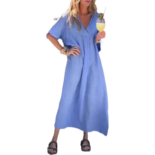 Dame afslappet maxikjole med oversized snit og V-udskæring Stiila