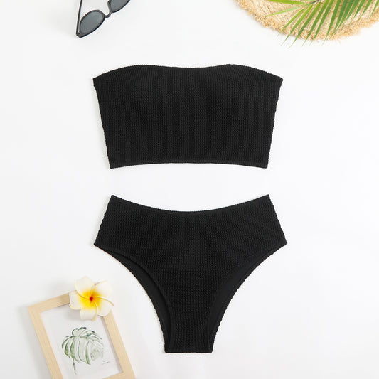 Dame Bandeau-bikini-sæt med struktureret materiale og højt benudskæring Stilla