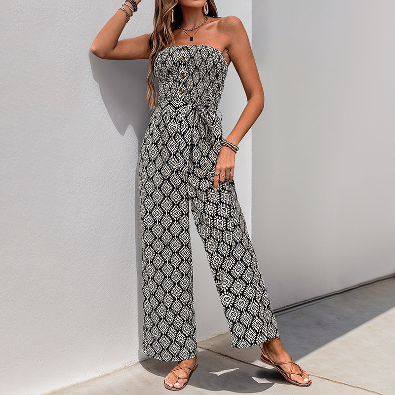 Dame hverdag jumpsuit med elastisk overdel og modigt mønster Stilla
